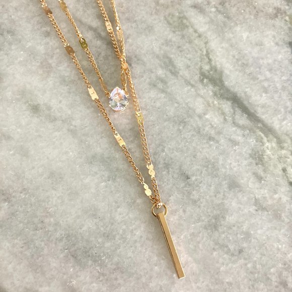 Layered Teardrop and Drop Bar Cubic Zirconia Gold Necklace Set - Picture 3 of 6